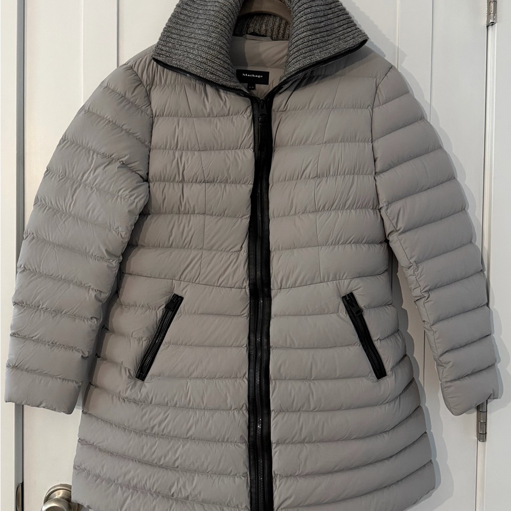 NWOT Mackage Duck Down Insulated Gray Puffer with Black Details. Knit collar XL